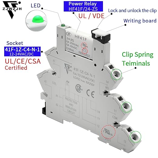 3Pcs 24V Miniature Relay for PLC Controller 24VDC and 24VAC Relay SPDT 6Amp with LED Light Socket 41F-1Z-C4 Spring Terminals Push in Socket No Need for Screw