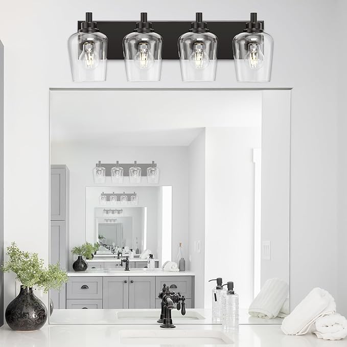METWET Bathroom Light Fixtures, 4-Light Modern Vanity Light with Clear Glass Wine Glass-Shaped Shade, Vanity Lighting Fixtures Over Mirror, Matte Black, VL155-MB-4