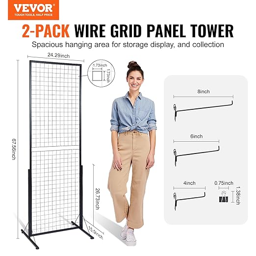 VEVOR 2 x 5.6 in Grid Wall Panels, 2 Packs Wire Gridwall Display Racks Tower with T-Base, Floorstanding Double Side Gridwall Panels, Retail Display with Extra Clips and Hooks for Art Craft Shows