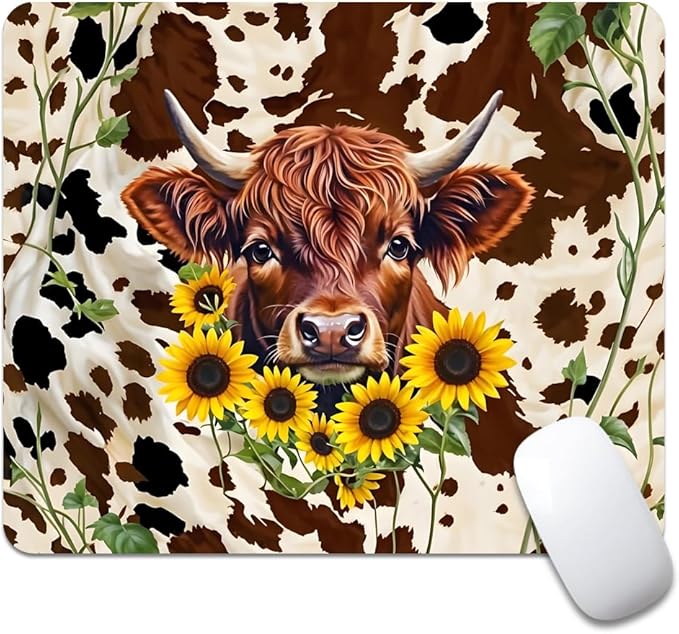 Western Highland Cow Sunflowers and Cowhide Brown Square Mouse pad, Texture, Waterproof, Anti Slip Rubber Base, Computer Mouse pad