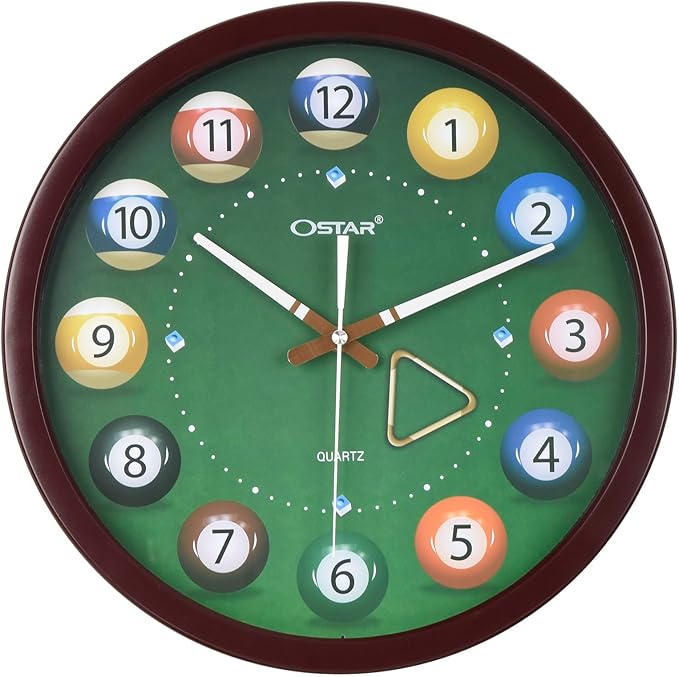 OSTAR Big Large Billiard Pool Ball Wall Clock, Battery Operated, Cue Hand, Non Ticking Quality Quartz, 14" Snooker Game