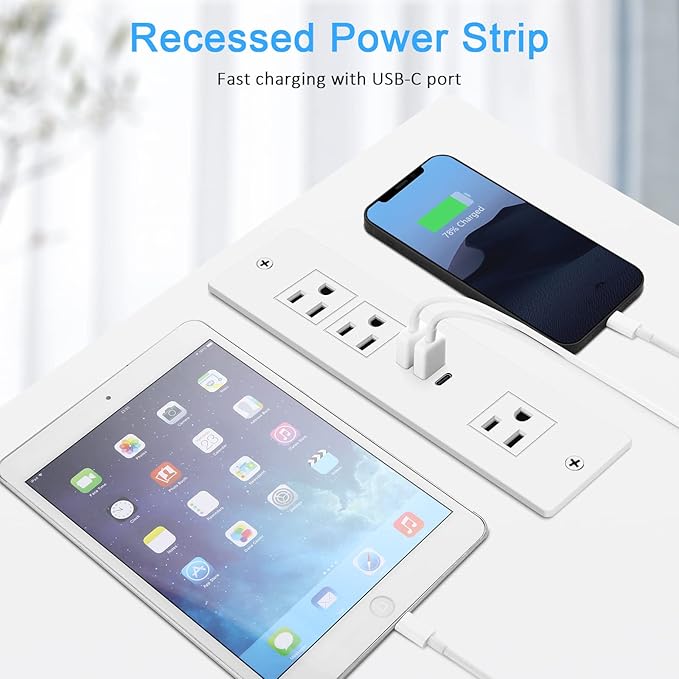 Recessed Power Strip, Furniture Plug in 3 Outlets & Fast Charging 20W PD USB-C Port & 18W/3A QC3.0 USB-A Ports Drawer Outlet with 10 FT Flat Extension Cord, White Desk Grommet Outlet for Table Top