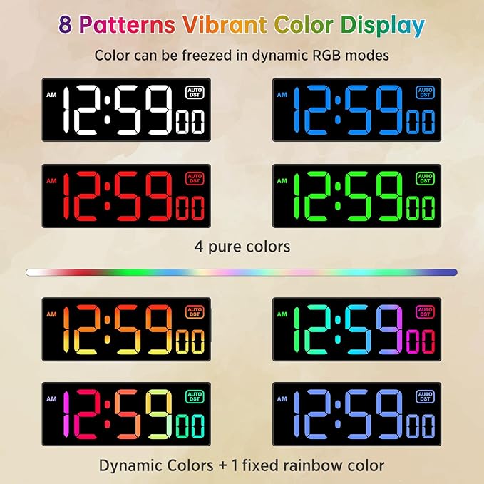 Soobest Digital Wall Clock with Remote Countdown Electrical Timer Seconds for Gym Living Room Office Classroom, 8 RGB Colors, Auto DST, Corded Plug in Large Display 5 Dimmer (10.2" Multicolor)