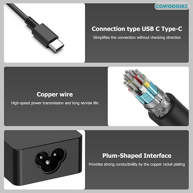COWOOGMZ 65W USB C Laptop Charger Compatible with Lenovo ThinkPad X1 X13 T14 T15 E14 E15 T480s T490 E480 Yoga 7i 9i Thinkbook 13s 14 15 16 Plus G4 65W 45W Computer Charger USB Type C AC Power Adapter