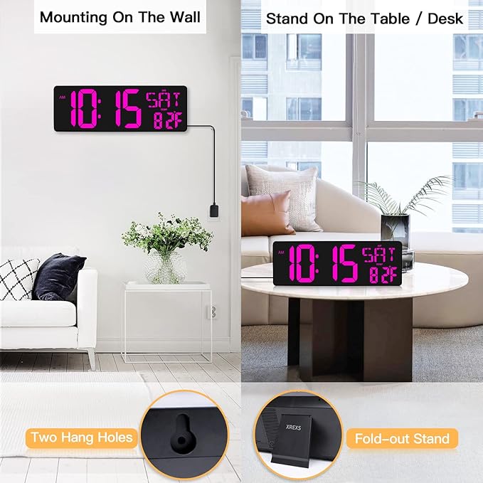 XREXS Large Digital Wall Clock with Remote Control, 16.5 Inch LED Large Display Count Up & Down Timer, Adjustable Brightness Alarm Clock with Day/Date/Temperature for Living Room, Bedroom, Office, Gym