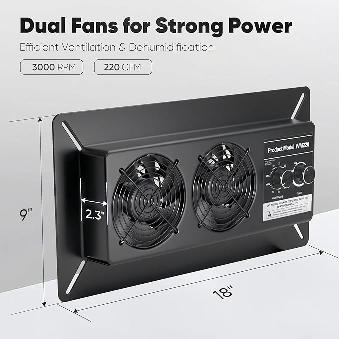 WARMOASIS 220 CFM Crawl Space Vent Fan with Dehumidistat & Thermostat, Dual Knobs for Speed & Humidity Control, 3000 RPM, Reduces Indoor Radon, Humidity & Odors, High-Efficiency Ventilation