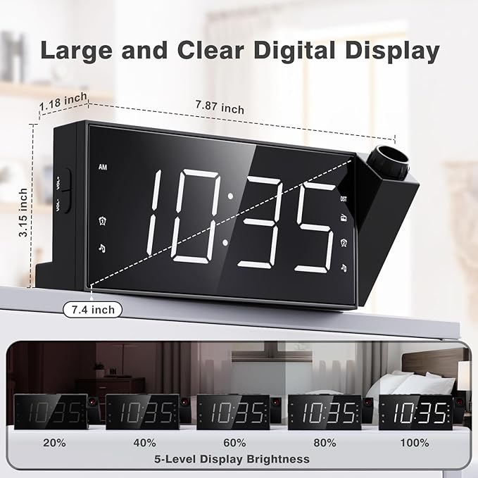 Mesqool Projection Alarm Clock with FM Radio,Large Number Display & Dimmer,USB Charger,Sleep Timer,Battery Backup,Dual Alarms,Clock Radio for Bedroom Heavy Sleepers