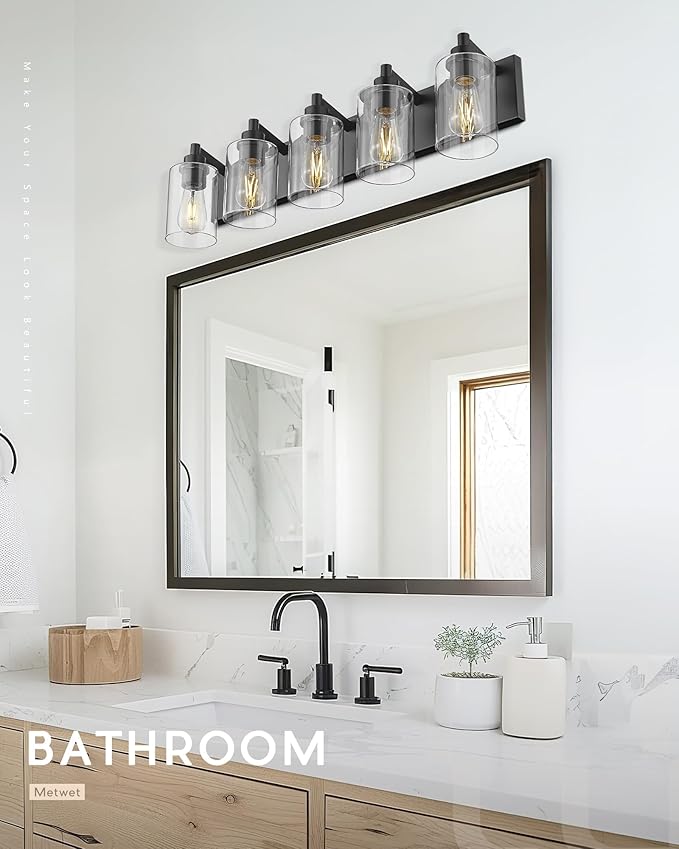 METWET 5-Light Bathroom Light Fixtures, 30 Inch Black Vanity Light with Cylinder Clear Glass Shade, Modern Vanity Lighting Fixtures Over Mirror, VL143-MB-5