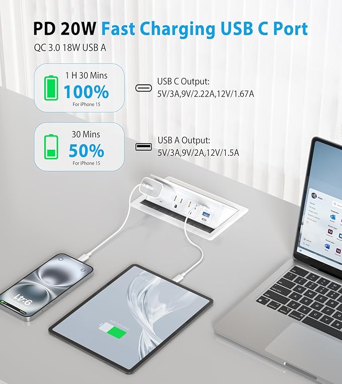 Recessed Conference Table Power Hub with 20W USB-C PD Fast Charging, Flush Mounted for Desks, Kitchens & RVs, 6FT Power Cord (White)