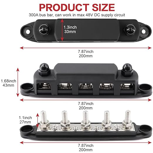 Tuijodaix 300A Bus Bar 5 Post 12V-48V DC Power Distribution Block,5 * 5/16"(M8) Battery Terminal Studs with Cover and Wire Lugs for Wiring,Automotive,Marine,Battery busbar (Red&Black)