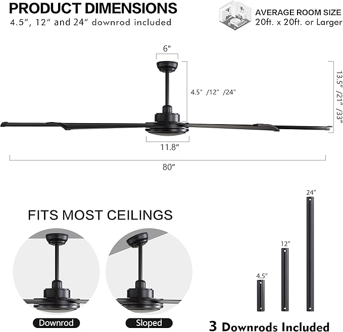 WINGBO 80 Inch Industrial Ceiling Fan without Light, 8 Aluminum Blades Ceiling Fan No Light, 6-Speed Reversible Noiseless DC Motor for Kitchen Bedroom Living Room, Matte Black