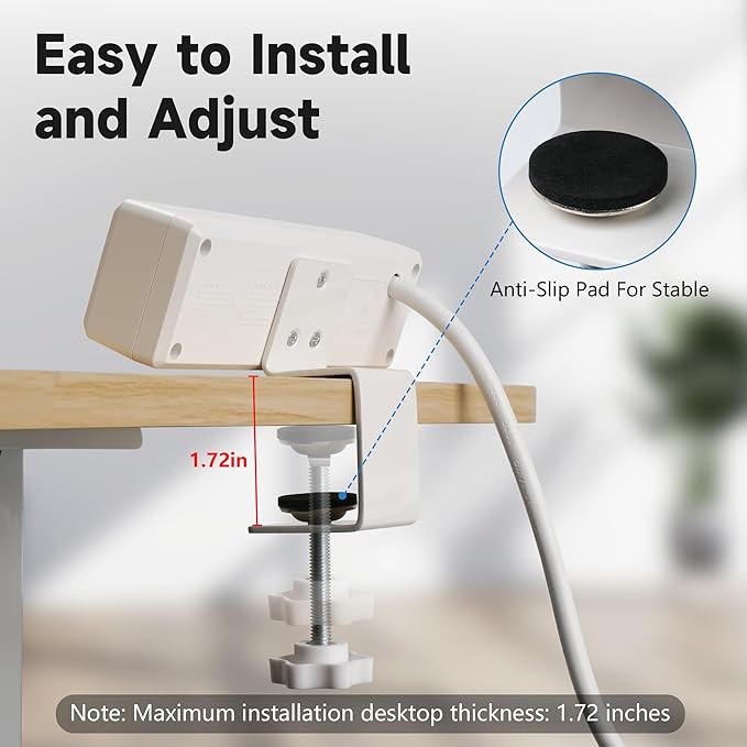 Desk Clamp Power Strip with 10Feet Extension Cord,45 Degree 3-Prong Thin Flat Plug, 2 Widely Spaced AC Outlets,2 USB Port (20W PD USB-C & 18W QC3.0 USB-A) Desk Edge Mount Power Strip,16AWG, ETL Listed