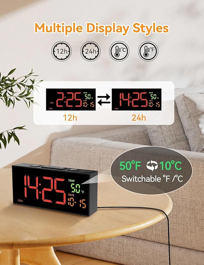 Netzu Alarm Clocks for Bedrooms, Digital Alarm Clock with Date Temperature and Weekday, Manual DST, Snooze, 2 Alarms, 4 Volumes for Living Room Home Bedside Desk