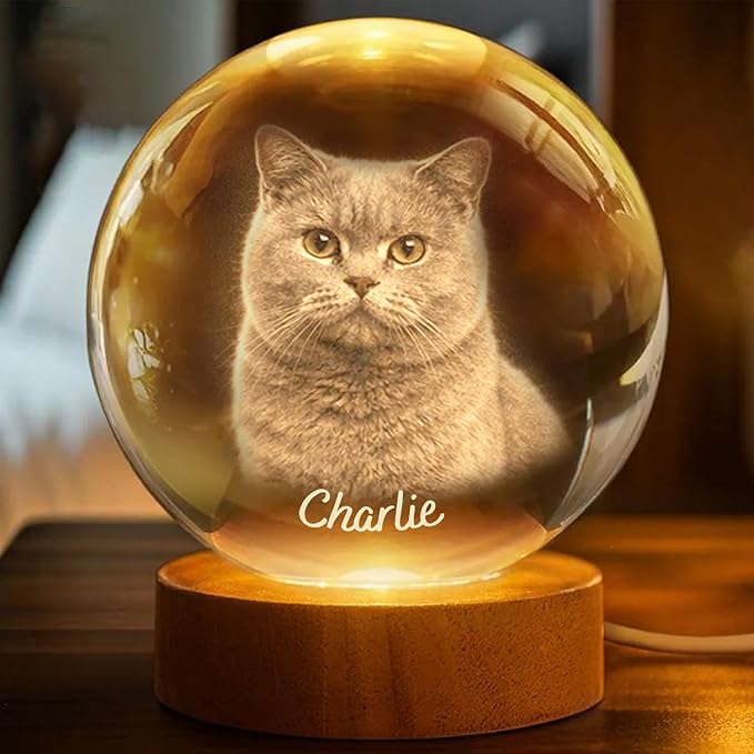 Herihues Personalized 3D Photo Crystal Ball, Custom Engraved Picture Lamp with Wood Base, Night Light for Pet Lovers, Cat Memorial Gifts, Loss of Pet Sympathy Gift Night Light, Cat Mom Gifts
