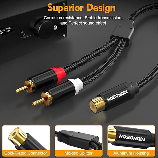 HOSONGIN 1ft RCA Splitter 1 Female to 2 Male Y Adapter 2 Pack, Short RCA Audio Speaker Splitter Cable, Double Shielding Black Nylon Braided Cable - Gold-Plated Plug - Length 12 Inch