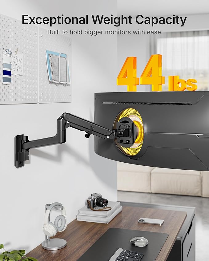 monTEK 17-49 inch Single Monitor Wall Mount for up to 44 lbs Ultrawide Screen, Premium Aluminum Heavy Duty Monitor Arm with Adjustable Gas Spring Arm, 75x75/100x100 VESA Mount, Black