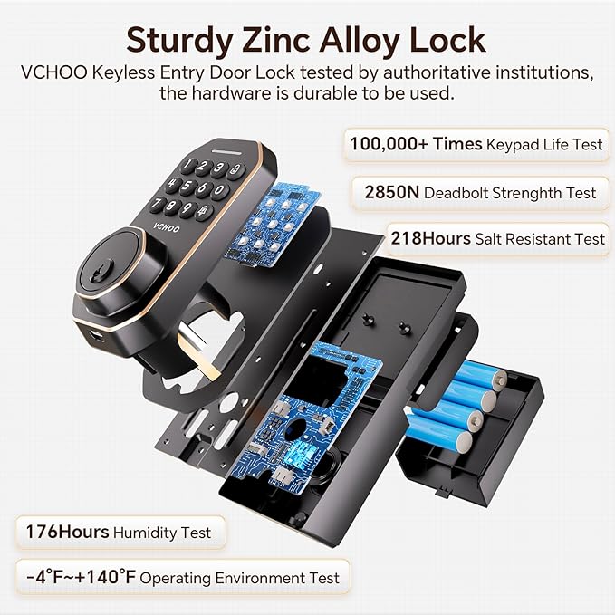 VCHOO Keyless Entry Door Lock Set WiFi Smart App Control Door Lock for Front Door Keypad Deadbolt with 2 Knobs Auto Lock One Time Codes Easy Install, Bronze