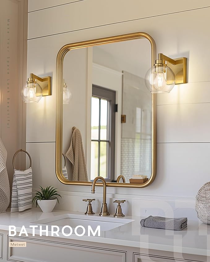METWET Wall Sconces Set of 2, 1-Light Brushed Gold Sconces Wall Lighting with Globe Clear Glass Shade, Modern Bathroom Vanity Light Fixtures for Mirror Bedroom Living Room, VL195-BG-CL-1-2PK