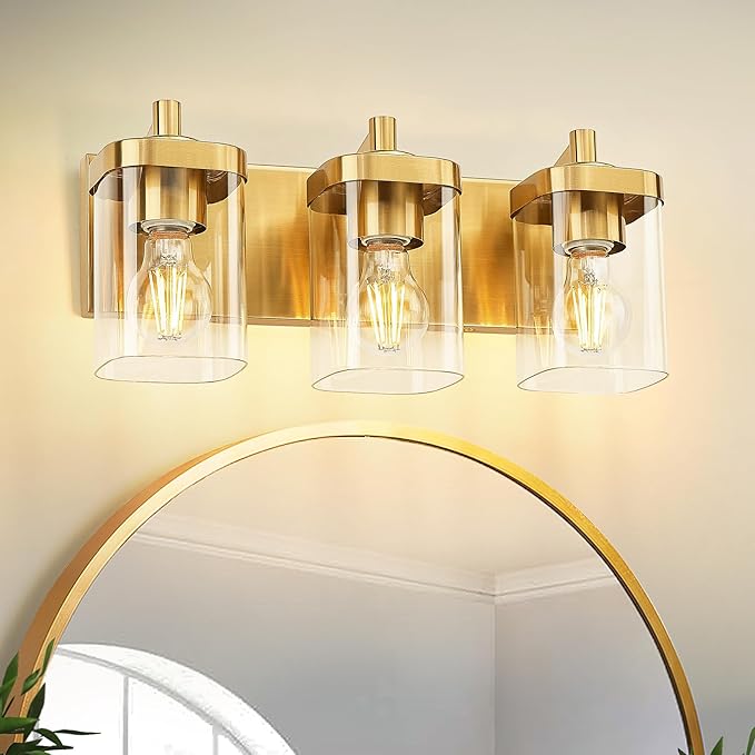METWET Bathroom Light Fixtures Over Mirror, 3-Light Brushed Gold Vanity Light with Square Clear Glass Shade, Modern Wall Sconces, Vanity Lighting Fixtures, VL194-BG-3