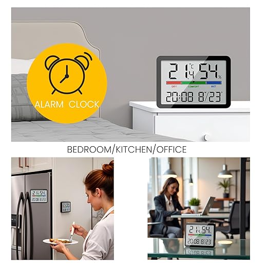 Luzsco Digital Hygrometer Indoor Thermometer, Clock with Temp & Humidity, Temp Gauge with Comfort Indicator, Wall/Magnetic/Desk Alarm Clock for Bedroom, Baby Room, Office, Kitchen, Garage (Black)
