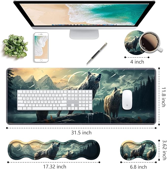 Ergonomic Keyboard Wrist Rest & Mouse Pad Wrist Rest Set, Large XXL Gaming Desk Mat 31.5"x 11.8" with Non-Slip Base, Memory Foam, Easy Typing Pain Relief for Home & Office, White Wolf