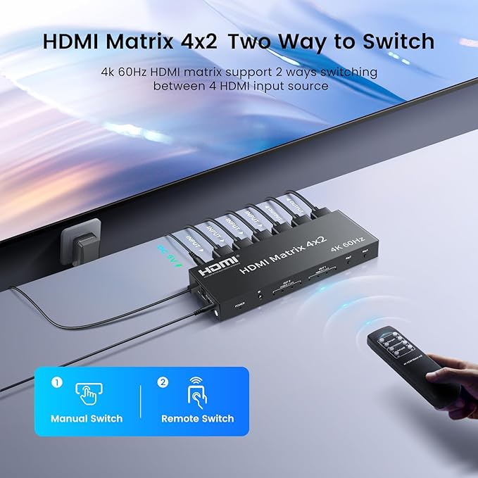 FERRISA 4x2 HDMI Matrix, 4K@60Hz 4 in 2 Out HDMI Switch Splitter with IR Remote, HDMI Matrix Switch + Optical + 3.5mm Audio Output, Support HDMI2.0, HDCP2.2, Auto Downscaler, 3D, Audio Extractor