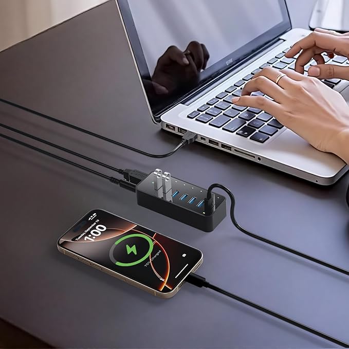 USB 3.0 Hub, 7Ports USB Hub with 1BC1.2 Ports, Multi USB Data Hub Compatible with Mac, Laptops, Desktop, All USB Devices, Mobile and HDD, USB 3.0 Splitter (36W Adapter Included)
