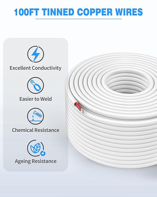 NAOVEO 16 Gauge Wire 2 Conductor Electrical Wire, 16 AWG Stranded PVC Tinned Copper Cable, Flexible/Low Voltage Automotive Wiring for LED Lamps, Marine, Speaker, Appliances (100FT)