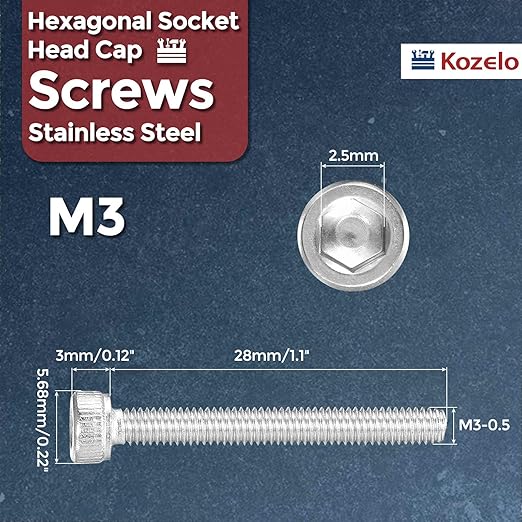 Kozelo 40pcs Socket Head Cap Screws - [M3-0.5 x 28mm] 304 Stainless Steel Allen Socket Drive for Electrical Motor 3D Printing Fan Engine Replacement Use, Silver