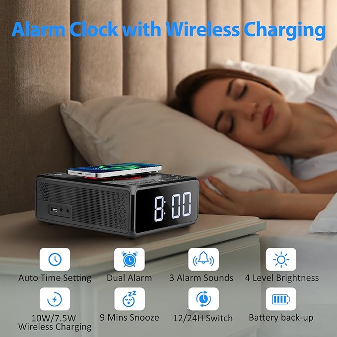 Gelielim CD Player Alarm Clock Radio, CD Players for Home, Desktop Portable CD Player with Bluetooth,10W Wireless Charging,FM/AUX/USB/Timer/Dimmer/Remote Control, Boombox Clock Radio with CD Player