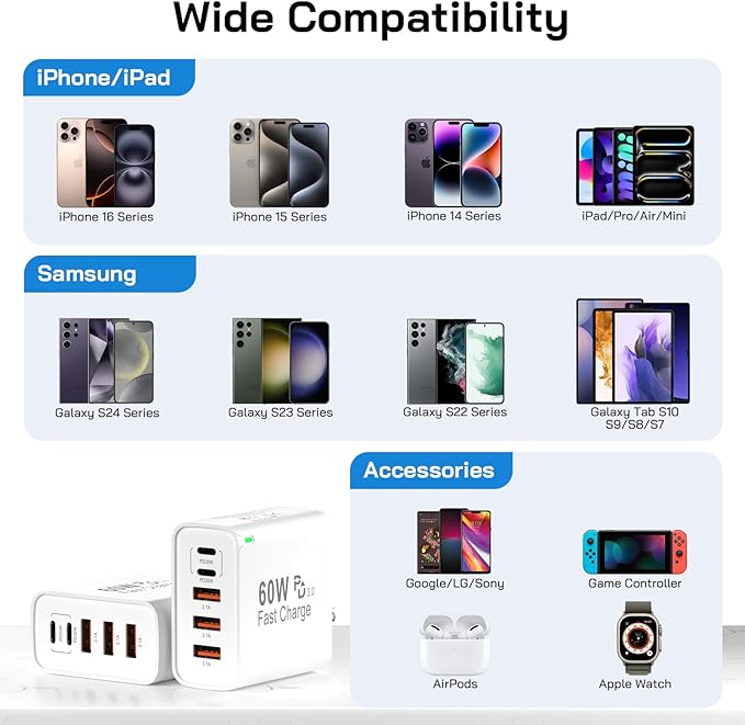 2Pack USB C Fast Charger Block, Total 60W 5-Port USB C Wall Charger 30W Type C Charging Block, 2USB C+3USB A PD 3.0 Multiport Charging Cube for iPhone 17 16 15 14 Pro Max, G-alaxy S25 S24 Ultra, i Pad