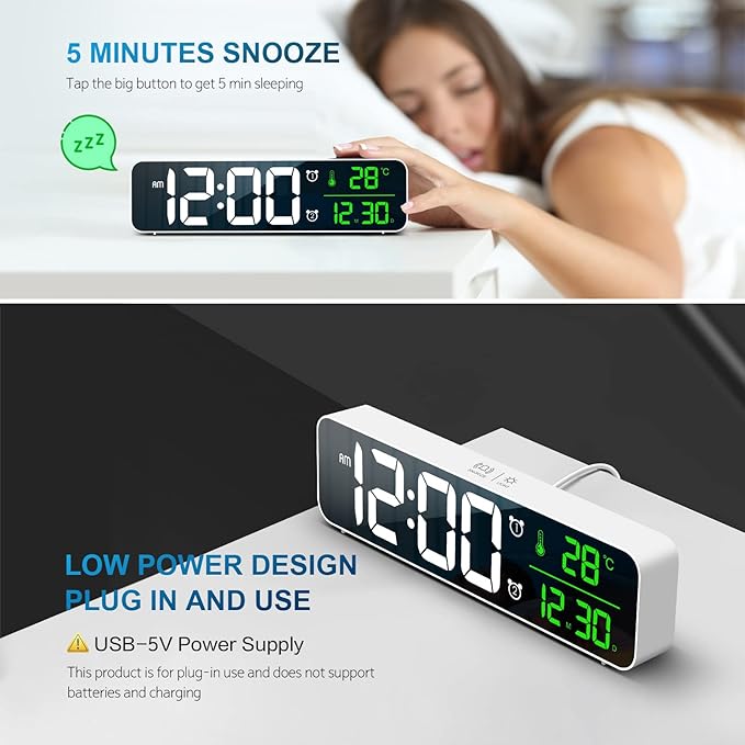 Hournor Digital Clock for Bedroom, Digital Wall Clock for Living Room Decor, Desk Table Clocks, Digital Clock Large Display, Bedroom Smart Alarm Clock for Office White Green