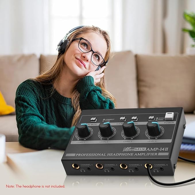 Riworal Headphone Amplifier 4 Channel Audio Amplifier Portable Splitter with 1/4"& 1/8" TRS Output Input for Dj Mixer Or Monitor Headphone for Stereo/Mono