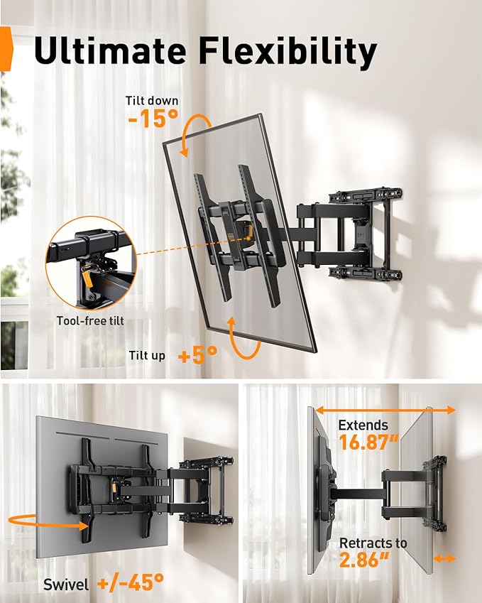 Perlegear Full Motion TV Wall Mount for 42–90 inch TVs up to 132 lbs, Preassembled and Telescopic Design for Easy Setup, Swivel, Tilt and Extension, Fits 16″/18″/24″ Wood Studs, Max VESA 600x400mm