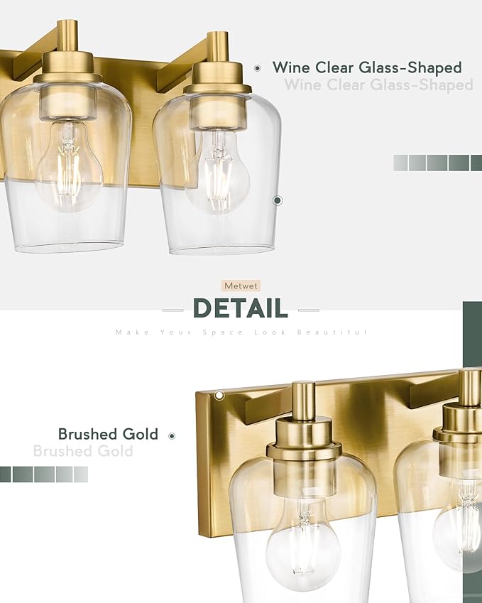 METWET Bathroom Light Fixtures, 4-Light Modern Vanity Light with Clear Glass Wine Glass-Shaped Shade, Vanity Lighting Fixtures Over Mirror, Brushed Gold, VL155-BG-4
