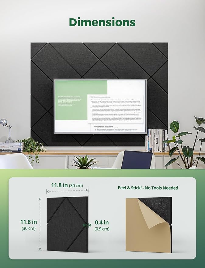 Topnaca Decorative Acoustic Soundproof Walls Panels for Room, 12 Pack Blcak Self Adhesive Sound Absorbing and Noise Reducing Tiles for Studio, Bedroom, Home Office, Ceiling, Pared, 12"x12"x0.4"