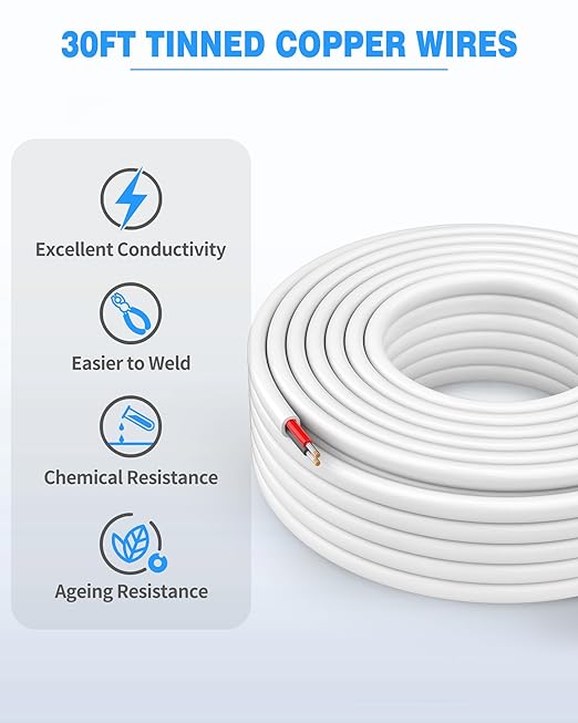 NAOVEO 14 Gauge Wire 2 Conductor Electrical Wire, 14 AWG Stranded PVC Tinned Copper Cable, Flexible/Low Voltage Automotive Wiring for LED Lamps, Marine, Speaker, Appliances (30FT)