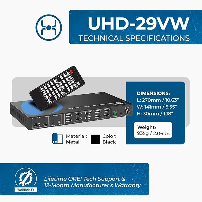 OREI 4K 3x3 Video Wall Controller – HDMI & USB-C Video Wall Processor, 1080p Output per Screen, Multi-Layout Display Modes, 180° Rotation, Bezel Control, RS-232, Audio Extraction