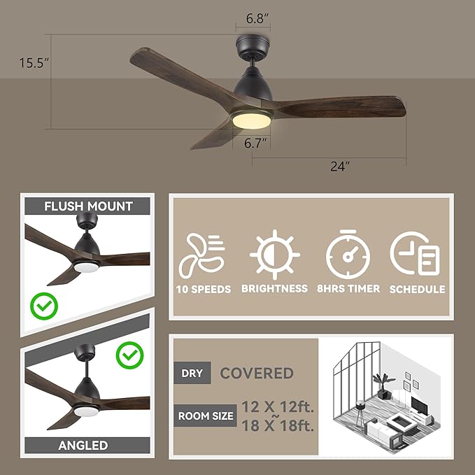 SMAAIR 48" Smart Ceiling Fan with Lights and Remote,Low Profile Modern Ceiling Fan,3 Solid Wood Blades,Works with Siri/Alexa/Google Assistant,10 Speed DC Motor,Dimmable,Indoor Use,Brown Walnut