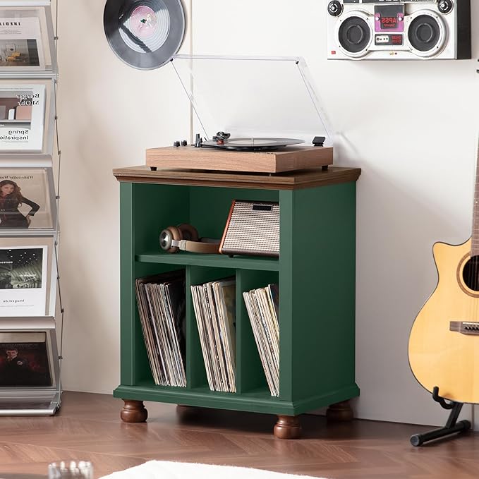 Joaxswe Record Player Stand with Vinyl Record Storage, 24" Wide Mid-Century Record Player Table Up to 200 Albums,Large Wood Turntable Stand Cabinet Dispaly Shelf for Living Room,Bedroom,Green