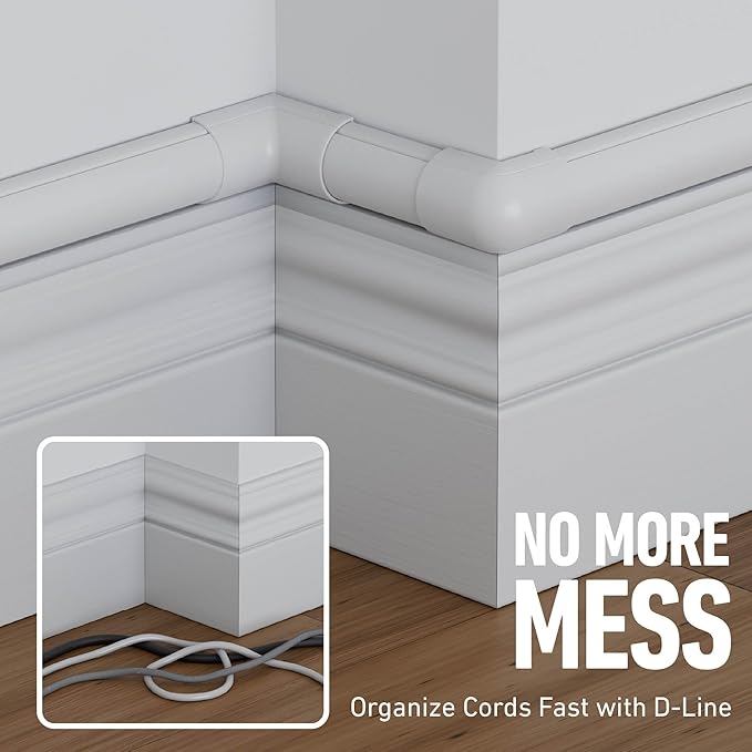 D-Line 13.12ft Cord Hider Kit, Patented Cable Cover, Hide Wires on Wall, Channel for TV Mount Cords, Raceway Wire Hiders, Paintable, Adhesive, Half Round, 4X 1.18in W x 0.59in H x 39in Lengths, White