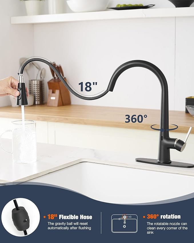 AIMADI Touchless Kitchen Faucet, Matte Black,Single Handle Pull-Down Sprayer,Deck Plate Included | Hands-Free Smart Motion Sensor Kitchen Sink Faucet, 3 Spray Modes, Fits 1 or 3 Hole Sinks