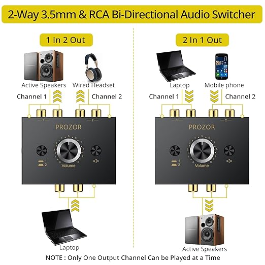 PROZOR 3.5mm & RCA Bi-Directional Audio Switch, 2-in-1-Out / 1-in-2-Out Passive Splitter with Volume Knob & Mute Button, Stereo L/R Audio Switcher Selector Box for Headphones, Amplifiers, Speakers