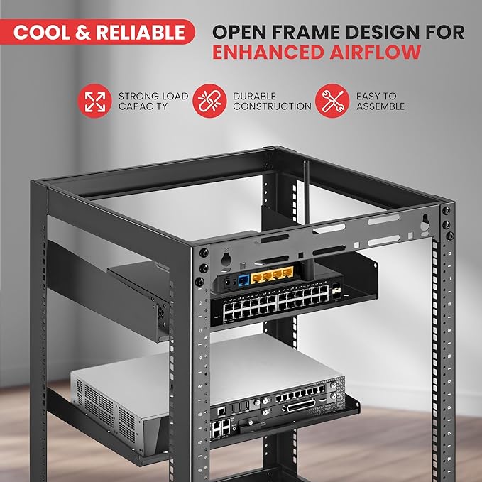 Pyle 15U Network Cabinet - Open Wall Mount Server Rack w/Heavy-Duty Wheels, Wall-Mountable, Steel Construction, Vented Shelves, Easy Access, 19" Equipment Compatible, 20 x 20 x 26 in (Black)