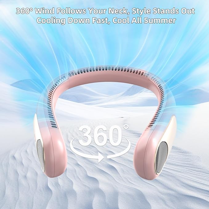 Portable Neck Fan,Personal Wearable Bladeless Fan,LED Display,4-Speeds,6000mAh USB Rechargeable,360° Strong Cooling Wind,Hands Free,White Elephant Gift,Christmas Gifts for Men Women Dad Mom (Pink)