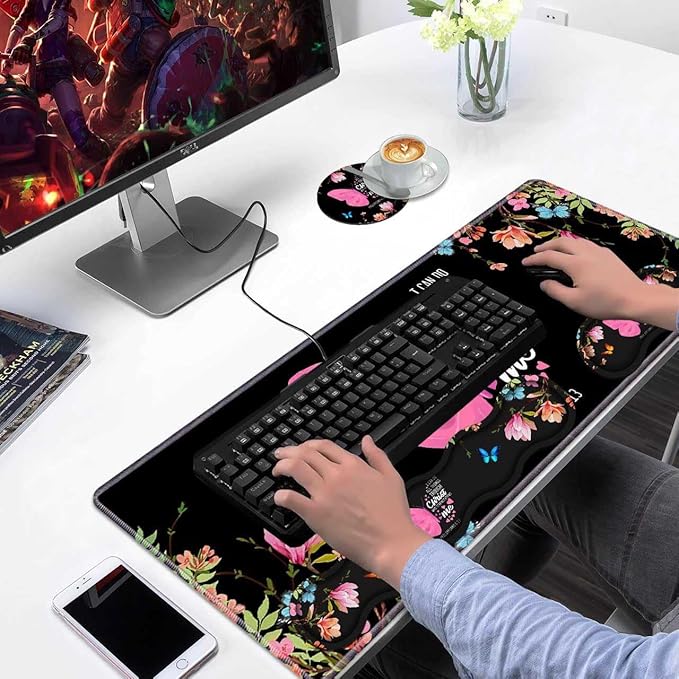 Ergonomic Keyboard Wrist Rest & Mouse Pad Wrist Rest Set,Floral Butterfly Quote Bible Verse Philippians 4:13 Large Gaming Desk Mat 31.5"x 11.8" with Memory Foam,Easy Typing Pain Relief for Home Office