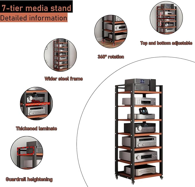 Dernoing 7 Tier Audio Rack Tower, CD Record Player Stereo Receiver AV Equipment Cabinet Display Rack, Weight Capacity 661 lbs, with Adjustable Wooden Shelves for Home (7 Tier Teakwood)
