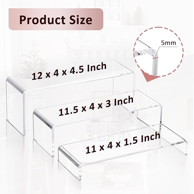 LFTYTUO 1 Set Large Acrylic Clear Display Risers, 3 Sizes 12" Rectangular Showcase Collectibles Display Shelf, 5 mm Thick Desktop Display Stand Holder for Figures, Jewelry, Perfume, Toys