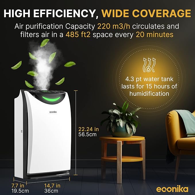 Econika Air Purifier and Humidifier Combo – HEPA Air Purifier with UV Light, Quiet for Bedroom and Living Room – Whole House Large Room Cleaner