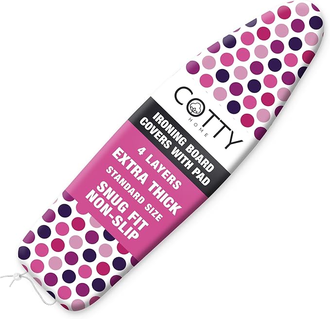 COTTY HOME Extra Thick Ironing Board Covers with Pad Standard Size 15x54, Snug Fit Adjustable Drawstring Tightening with Stopper, Heat Reflective Coating, Nose Pocket and Fastener Straps, Polka Dots